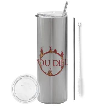 You Died | Dark Souls, Tumbler ποτήρι θερμό Ασημένιο από ανοξείδωτο ατσάλι 600ml, με μεταλλικό καλαμάκι & βούρτσα καθαρισμού