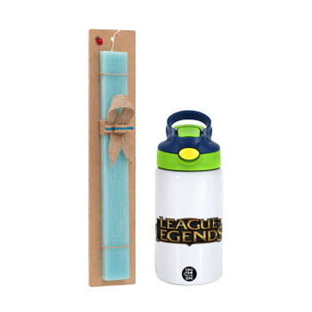League of Legends LoL, Easter Set, Children's thermal stainless steel bottle with safety straw, green/blue (350ml) & aromatic flat Easter candle (30cm) (TURQUOISE)