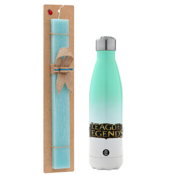 League of Legends LoL, Easter Set, Metallic green/white thermos (Stainless steel), double-walled, 500ml & scented flat Easter candle (30cm) (TURQUOISE)