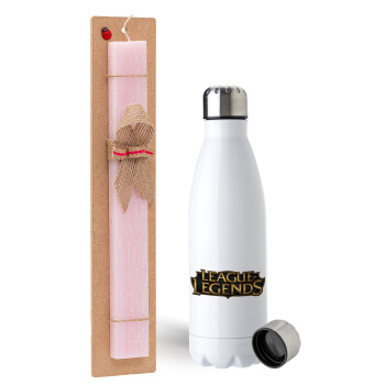 League of Legends LoL, Easter Set, metallic stainless steel water bottle (750ml) & scented flat Easter candle (30cm) (PINK)