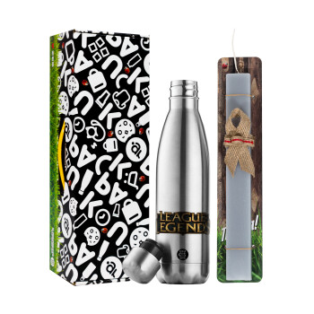 League of Legends LoL, Easter Set, metallic stainless thermos flask (500ml) & scented flat Easter candle (30cm) (GRAY)