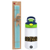 Easter Set, Children's thermal stainless steel bottle with safety straw, green/blue (350ml) & aromatic flat Easter candle (30cm) (TURQUOISE)