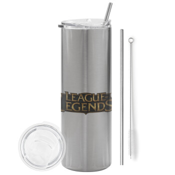 League of Legends LoL, Eco friendly ποτήρι θερμό Ασημένιο (tumbler) από ανοξείδωτο ατσάλι 600ml, με μεταλλικό καλαμάκι & βούρτσα καθαρισμού
