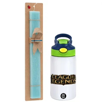 League of Legends LoL, Easter Set, Children's thermal stainless steel bottle with safety straw, green/blue (350ml) & aromatic flat Easter candle (30cm) (TURQUOISE)