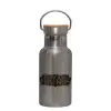 Stainless steel metallic thermos flask, silver with a bamboo lid, double-walled, 350ml.