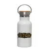 Metallic thermos (Stainless steel) White with wooden lid (bamboo), double-walled, 350ml