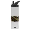 Metallic thermos bottle with straw & handle, stainless steel (Stainless steel 304), double-walled, 600ml.
