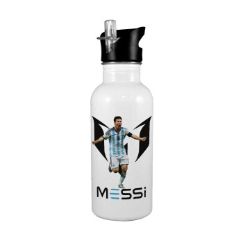 Leo Messi, White water bottle with straw, stainless steel 600ml