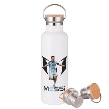 Leo Messi, Μεταλλικό παγούρι θερμός (Stainless steel) Λευκό με ξύλινο καπακι (bamboo), διπλού τοιχώματος, 750ml