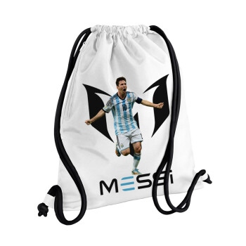 Lionel Messi, Backpack pouch GYMBAG white, with pocket (40x48cm) & thick cords