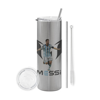 Leo Messi, Eco friendly ποτήρι θερμό Ασημένιο (tumbler) από ανοξείδωτο ατσάλι 600ml, με μεταλλικό καλαμάκι & βούρτσα καθαρισμού