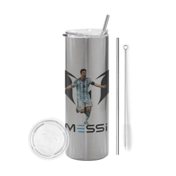Lionel Messi, Tumbler stainless steel Silver 600ml, with metal straw & cleaning brush