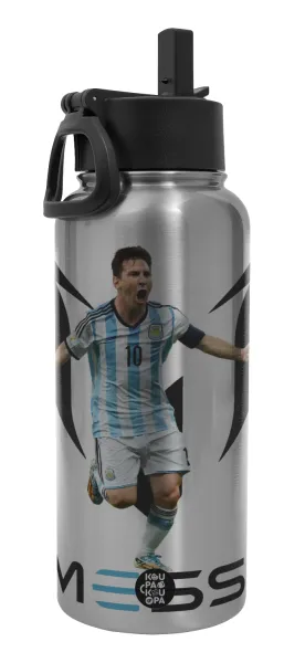 Lionel Messi — Metal mug thermo Silver with Straw and Spout Lid (Stainless steel), double wall, 950ml