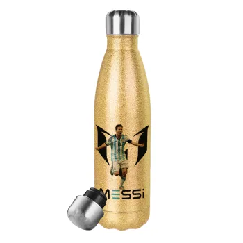 Λιονέλ Μέσι, Leo Messi, Μεταλλικό παγούρι θερμός Glitter χρυσό (Stainless steel), διπλού τοιχώματος, 500ml