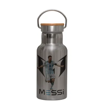 Lionel Messi, Stainless steel metallic thermos flask, silver with a bamboo lid, double-walled, 350ml.