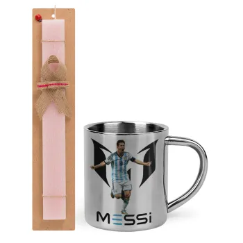 Lionel Messi, Easter Set, metallic thermal cup (300ml) & aromatic flat Easter candle (30cm) (PINK)
