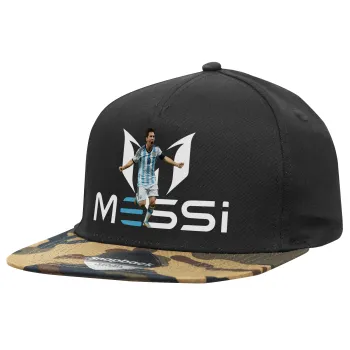 Lionel Messi, Adult Flat Snapback Hat Black/Camouflage, (100% COTTON TWILL, ADULT, UNISEX, ONE SIZE)