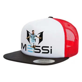 Lionel Messi, Adult Foam Flat Snapback with Mesh Black-White-Red (POLYESTER, ADULT, UNISEX, ONE SIZE)