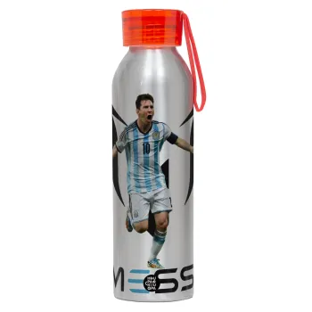 Λιονέλ Μέσι, Leo Messi, Αλουμινένιο Αθλητικό Μπουκάλι 650ml – Ασημί με Κόκκινο Καπάκι και Λουράκι Σιλικόνης