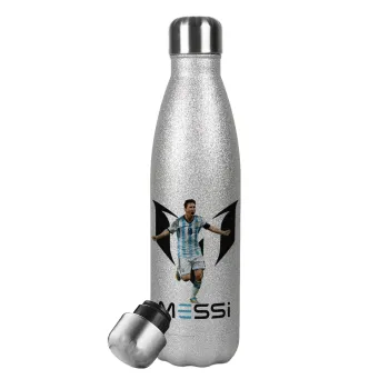 Lionel Messi, Metallic Glitter Silver Thermos Flask (Stainless steel), double-walled, 500ml