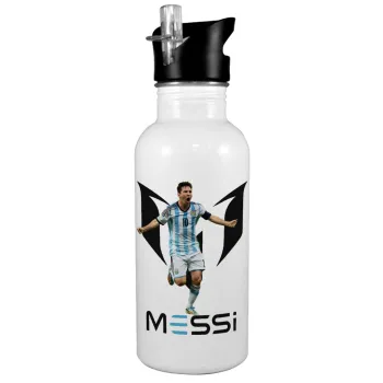 Lionel Messi, White water bottle with straw, stainless steel 600ml