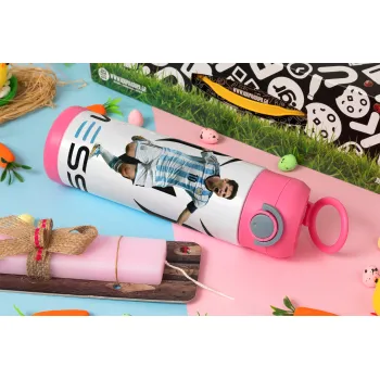 Lionel Messi, Easter candle, Childrens hot water bottle, stainless steel, with safety straw, PINK (500ml)