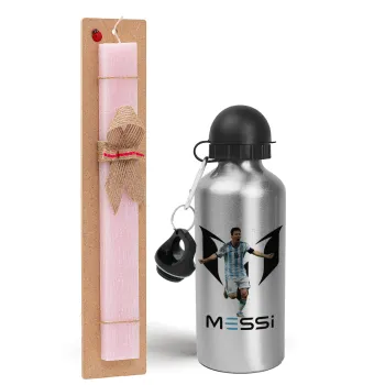 Lionel Messi, Easter Set, metallic Silver aluminum water bottle (500ml) & scented flat Easter candle (30cm) (PINK)