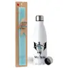 Easter Set, metallic stainless steel water bottle (750ml) & aromatic flat Easter candle (30cm) (TURQUOISE)