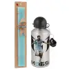 Easter Set, metallic silver aluminum water bottle (500ml) & scented flat Easter candle (30cm) (TURQUOISE)