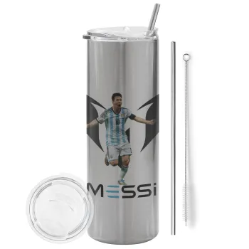 Λιονέλ Μέσι, Leo Messi, Tumbler ποτήρι θερμό Ασημένιο από ανοξείδωτο ατσάλι 600ml, με μεταλλικό καλαμάκι & βούρτσα καθαρισμού