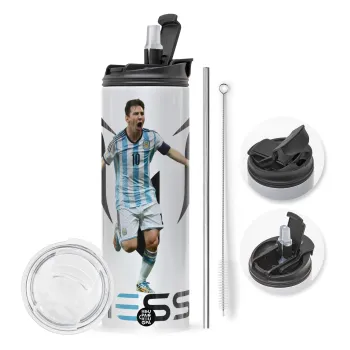 Λιονέλ Μέσι, Leo Messi, Travel Tumbler θερμό με διπλό καπάκι, μεταλλικό καλαμάκι και βούρτσα καθαρισμού (Ανωξείδωτο 304 Food grade, BPA free, 600ml)