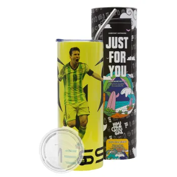 Λιονέλ Μέσι, Leo Messi, Neon Yellow Travel Tumbler θερμό, μεταλλικό καλαμάκι(Ανωξείδωτο 304 Food grade, BPA free, 600ml)