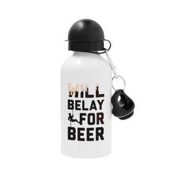 Will Belay For Beer, Metal water bottle, White, aluminum 500ml