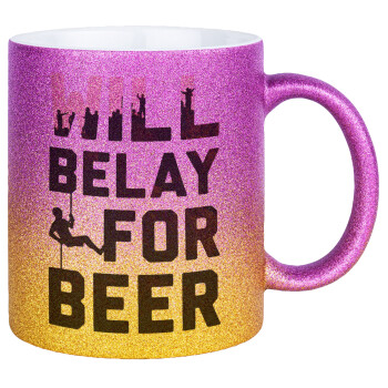 Will Belay For Beer, Κούπα Χρυσή/Ροζ Glitter, κεραμική, 330ml