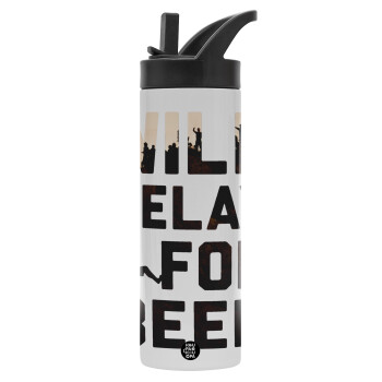 Will Belay For Beer, Μεταλλικό παγούρι θερμός με καλαμάκι & χειρολαβή, ανοξείδωτο ατσάλι (Stainless steel 304), διπλού τοιχώματος, 600ml