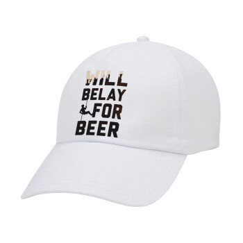 Will Belay For Beer, Καπέλο Ενηλίκων Baseball Λευκό 5-φύλλο (POLYESTER, ΕΝΗΛΙΚΩΝ, UNISEX, ONE SIZE)