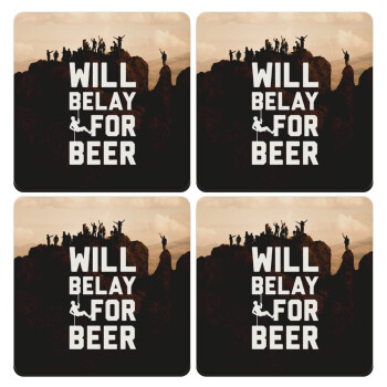 Will Belay For Beer, ΣΕΤ 4 Σουβέρ ξύλινα τετράγωνα (9cm)