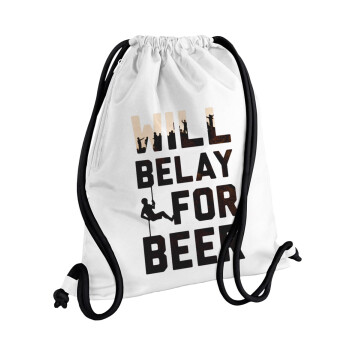 Will Belay For Beer, Τσάντα πλάτης πουγκί GYMBAG λευκή, με τσέπη (40x48cm) & χονδρά κορδόνια