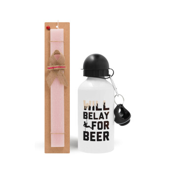 Will Belay For Beer, Πασχαλινή Λαμπάδα με παγούρι μεταλλικό αλουμινίου (500ml) & κερί αρωματικό πλακέ (30cm) (ΡΟΖ)