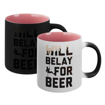 Will Belay For Beer, Κούπα Μαγική εσωτερικό ΡΟΖ, κεραμική 330ml που αλλάζει χρώμα με το ζεστό ρόφημα (1 τεμάχιο)