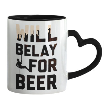 Will Belay For Beer, Κούπα καρδιά χερούλι μαύρη, κεραμική, 330ml