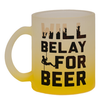 Will Belay For Beer, Κούπα γυάλινη δίχρωμη με βάση το κίτρινο ματ, 330ml