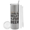 Tumbler stainless steel Silver 600ml, with metal straw & cleaning brush