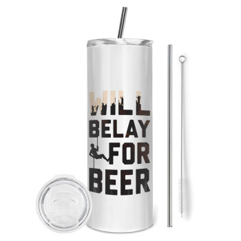 Will Belay For Beer, Eco friendly stainless steel tumbler 600ml, with metal straw & cleaning brush