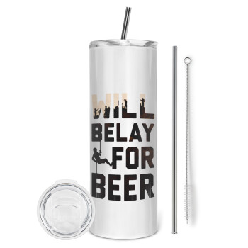 Will Belay For Beer, Tumbler stainless steel 600ml, with metal straw & cleaning brush