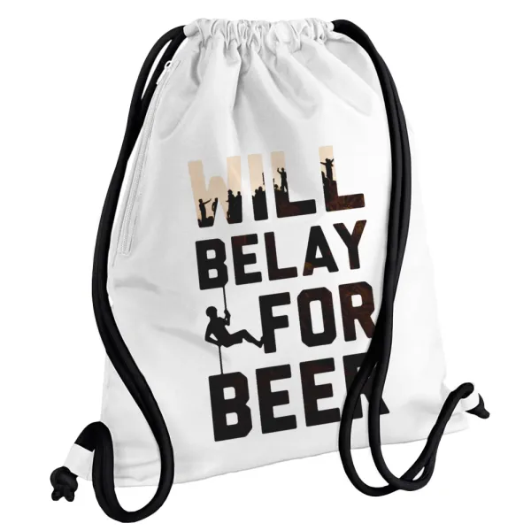 Will Belay For Beer — Τσάντα πλάτης πουγκί GYMBAG λευκή, με τσέπη (40x48cm) & χονδρά κορδόνια