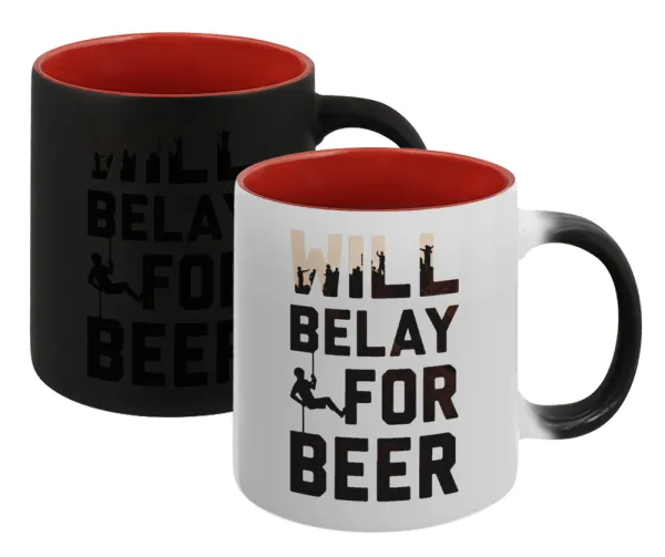 Will Belay For Beer — Κούπα Μαγική εσωτερικό κόκκινο, κεραμική, 330ml που αλλάζει χρώμα με το ζεστό ρόφημα