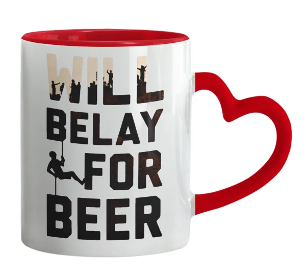 Will Belay For Beer — Κούπα καρδιά χερούλι κόκκινη, κεραμική, 330ml