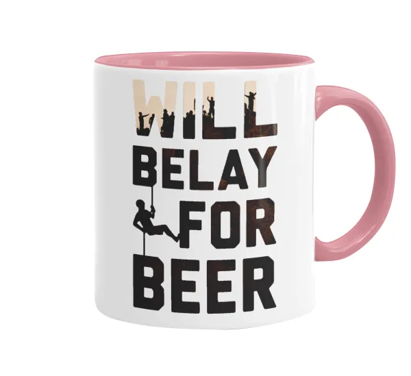 Will Belay For Beer — Κούπα χρωματιστή ροζ, κεραμική, 330ml