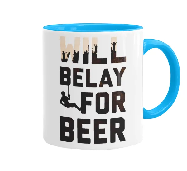 Will Belay For Beer — Κούπα χρωματιστή γαλάζια, κεραμική, 330ml